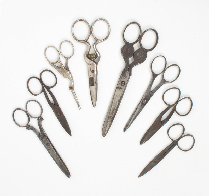 Eight pairs of 19th century and later steel scissors, including a stork form pair, and a pair of