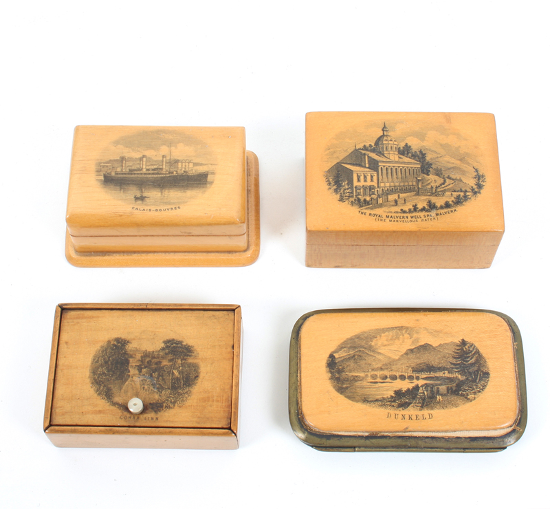 Four pieces of Mauchline ware: A rectangular stamp box (Calais/Douvres), 8.2cm, a rectangular box (