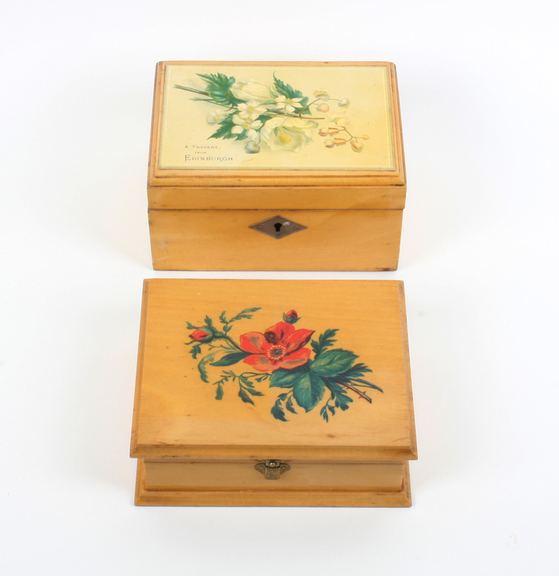 Two pieces of Mauchline ware: A rectangular sewing box for a child (floral transfer “A Present