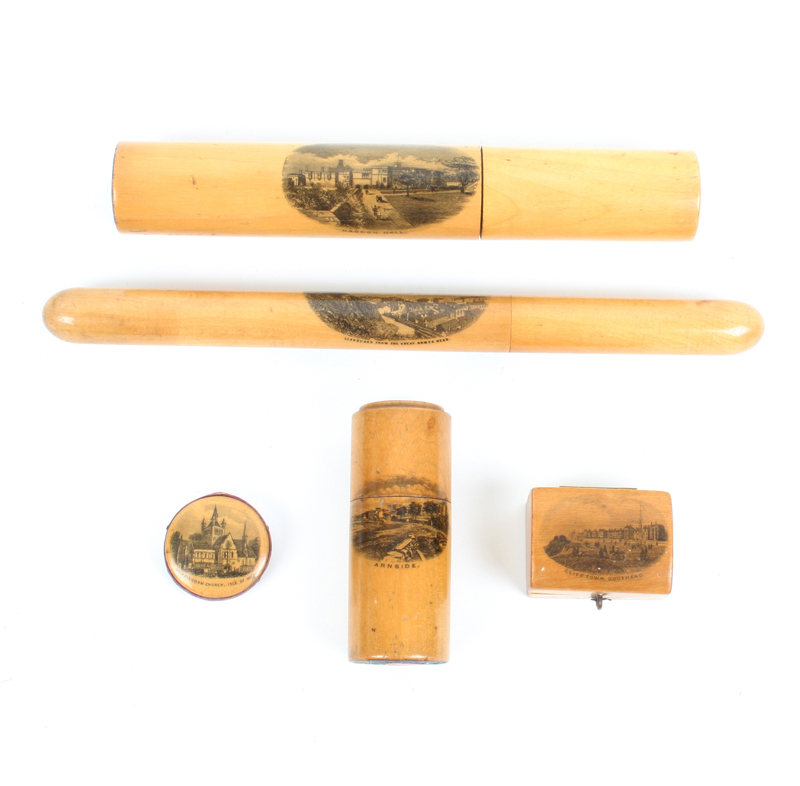 Five pieces of Mauchline ware: A knitting needle cylinder (Haddon Hall), 19.5cm, a knitting needle