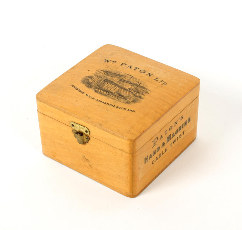 A square Mauchline ware box for William Paton Ltd., the lid with view of works, sides (Paton’s Cable