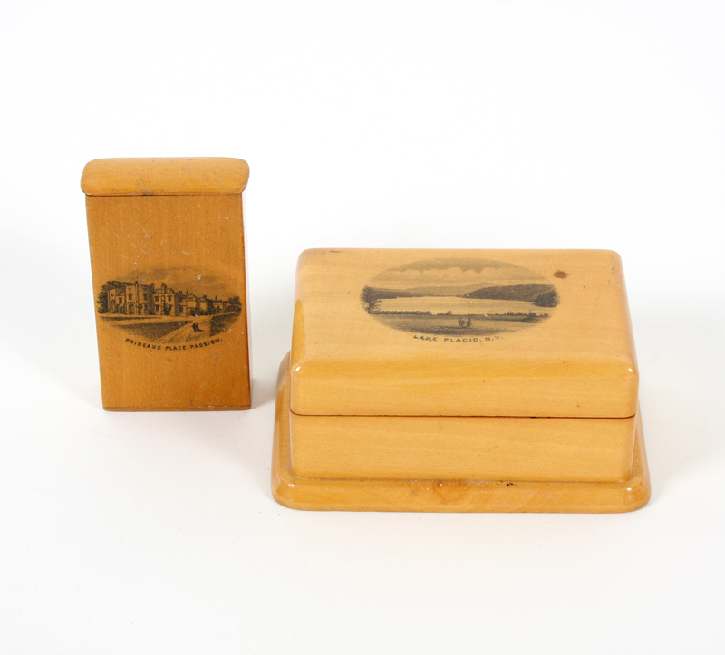 Two pieces of Mauchline ware, comprising: A rectangular hinged lid stamp box, two internal