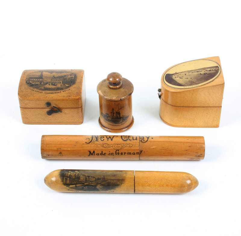 Five pieces of Mauchline ware, comprising; a slant top thimble box (photographic - Colwyn Bay), 4cm,