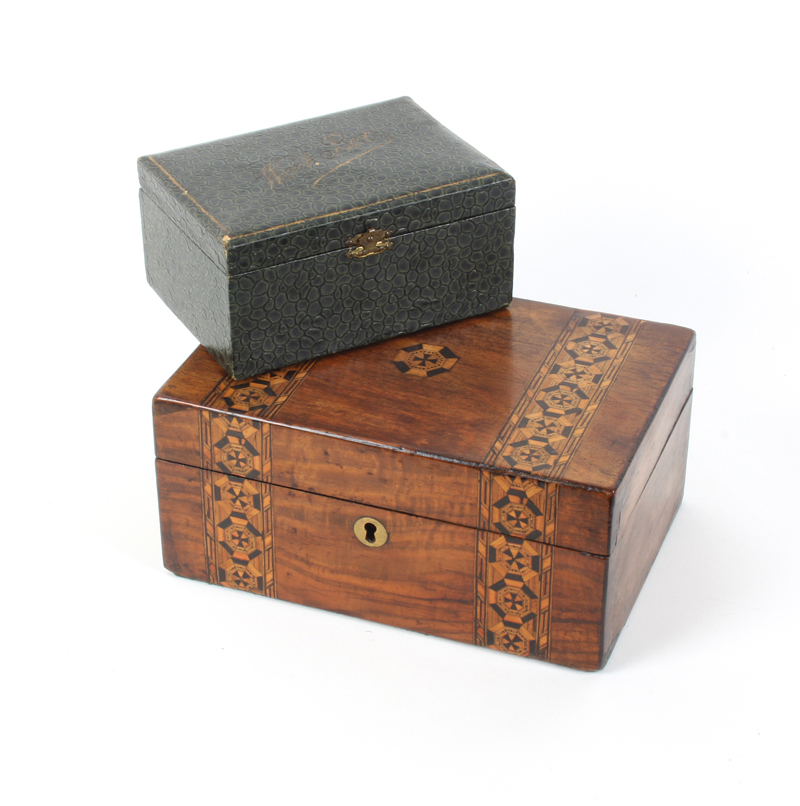 Two small sewing boxes, comprising; an example for a child, covered in paper to simulate leather and