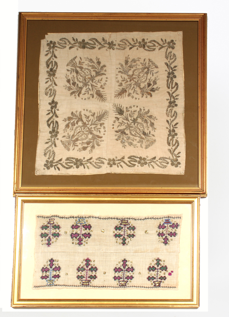 A 19th century Turkish silver embroidered floral panel, 37cm approximately, and another panel of