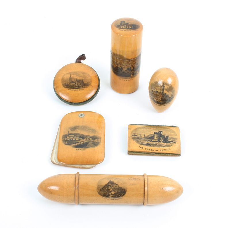 Six pieces of Mauchline ware: A swivel notelet (Moffat Cragie Burn Wood), 7cm, a cylinder sewing