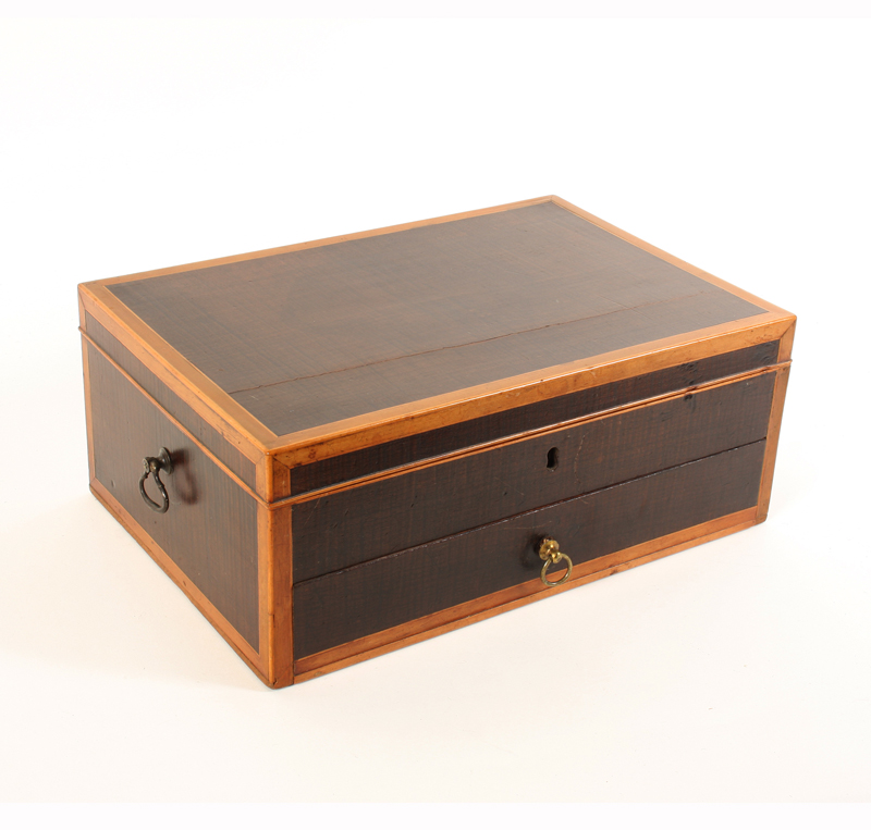 A George III fiddle mahogany and boxwood banded rectangular sewing box, fitted with a drawer to