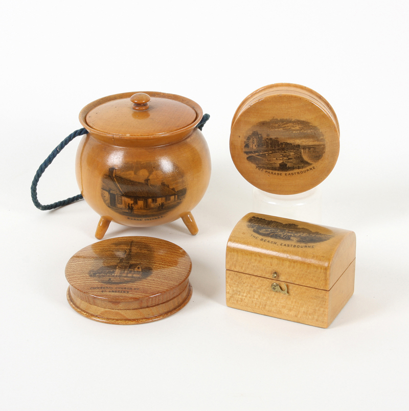 Four pieces of Mauchline ware, comprising: A small hinged dome top box with divided velvet lined