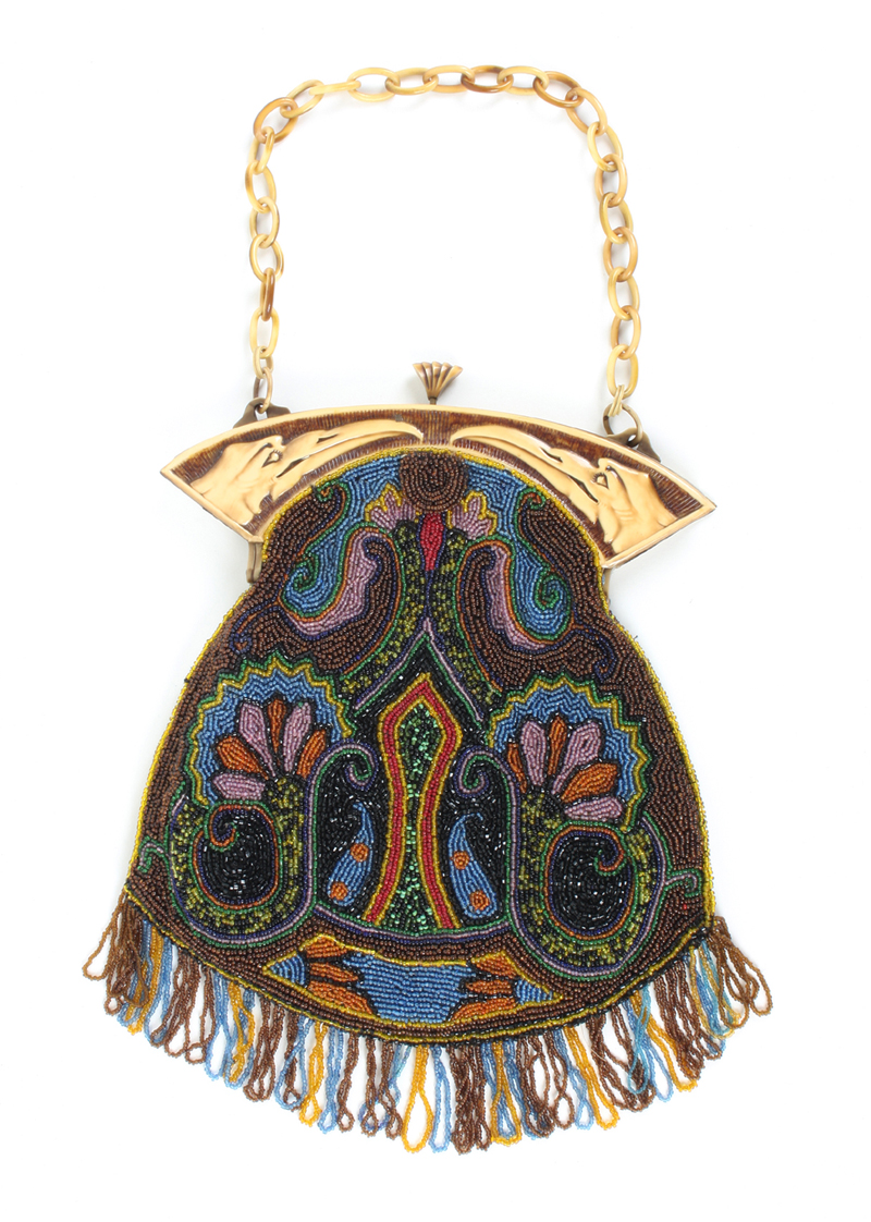 An Art Deco period beadwork bag, worked in a variety of coloured beads to a bold Art Deco design,