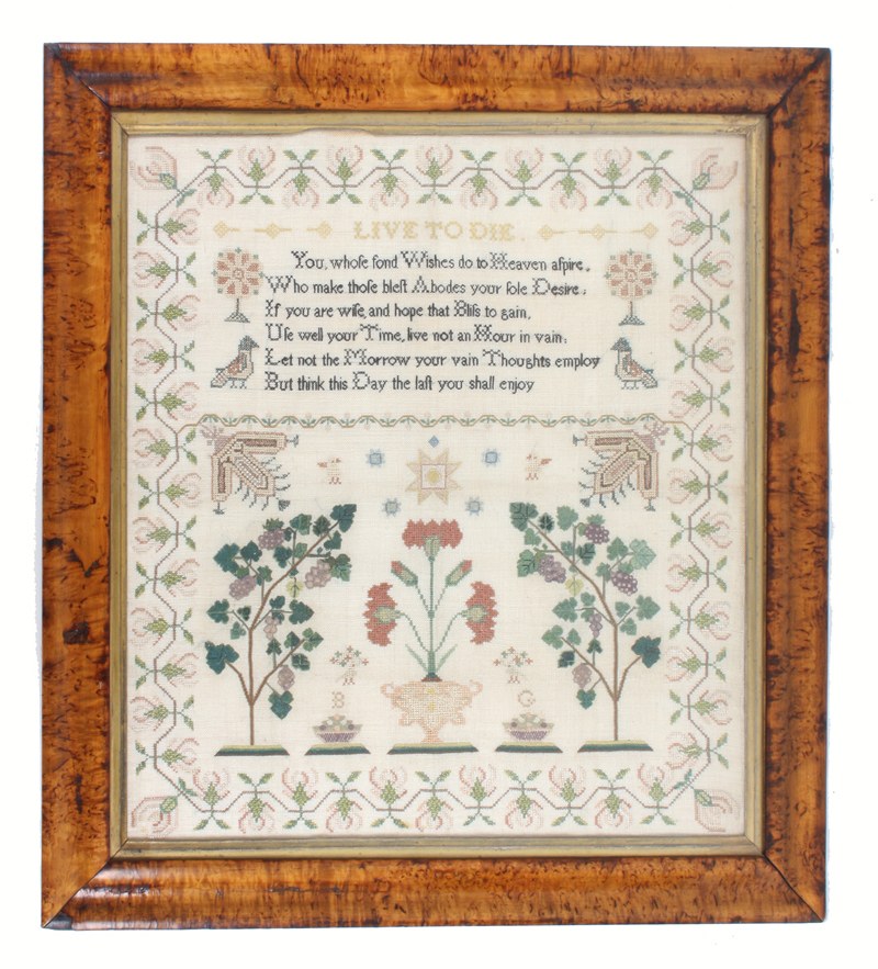 An early 19th century sampler, un-named, with a verse titled “Live To Die” with flowers, birds,