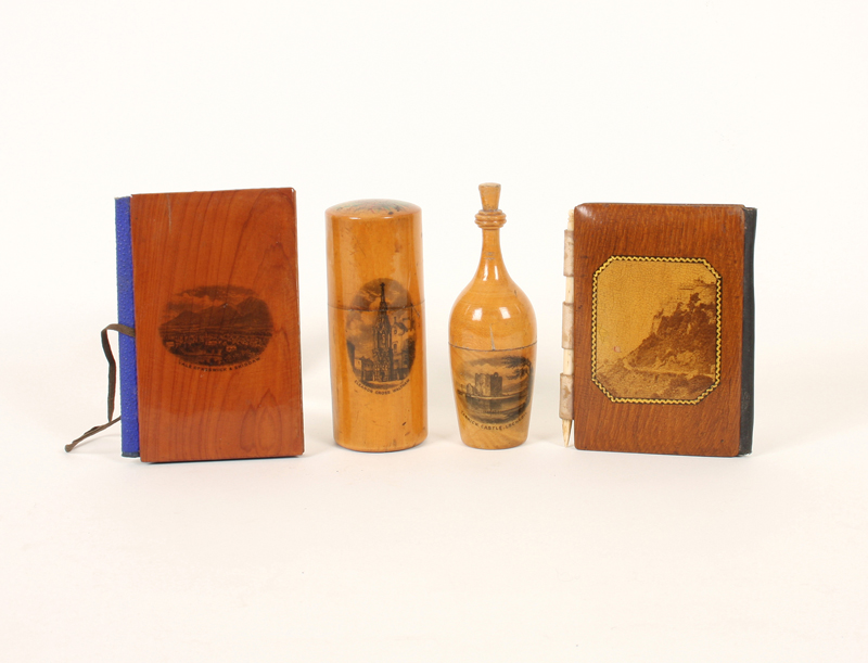 Four pieces of Mauchline ware, comprising: A cylinder box (Elanor Cross, Waltham), 8.5cm, a cedar