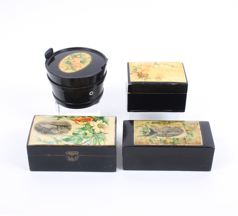 Four Mauchline ware cotton boxes, all black ground transfer: A bucket form example, three bone