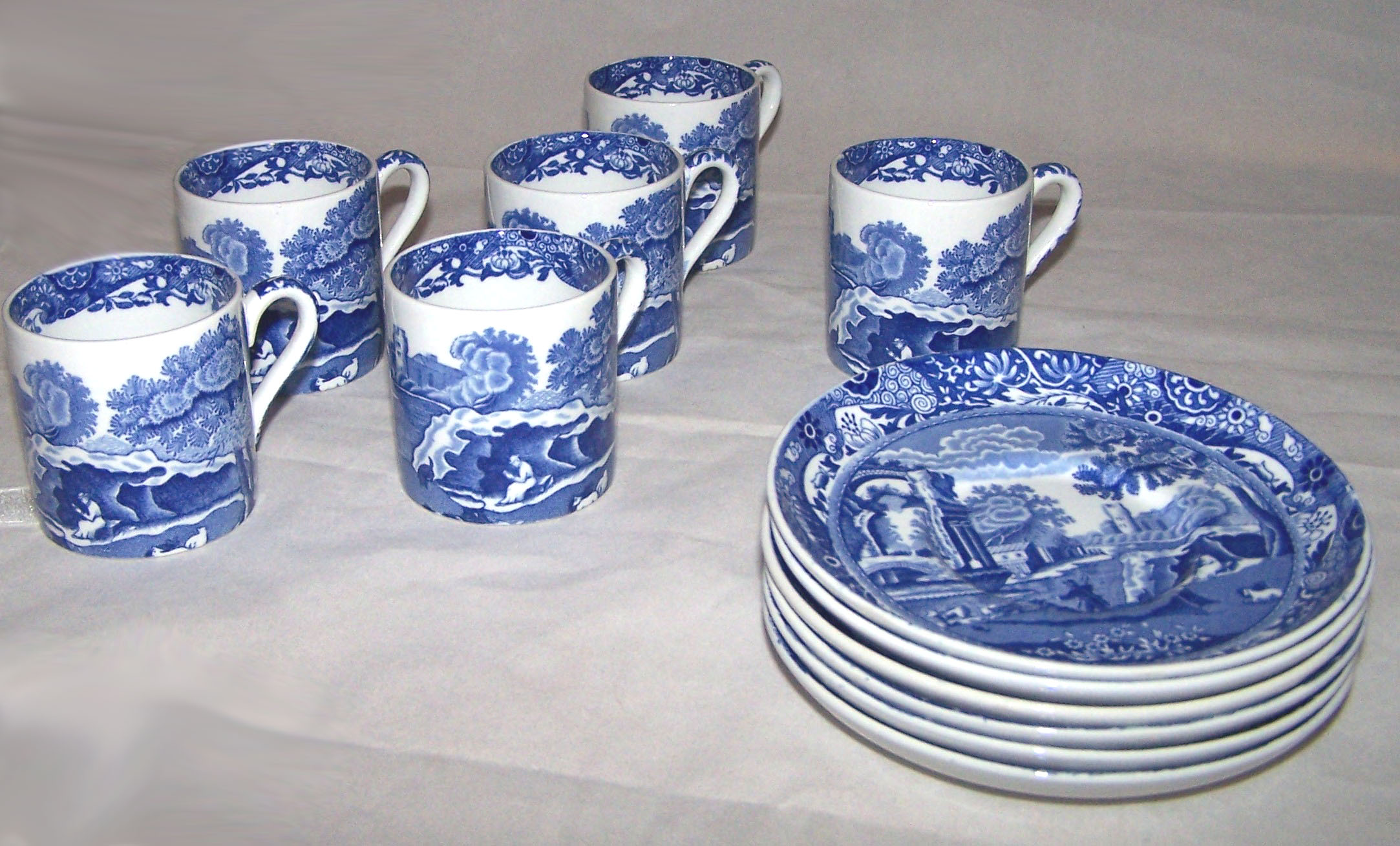 A set of six Copeland Spode Italian blue and white Coffee Cans and Saucers.