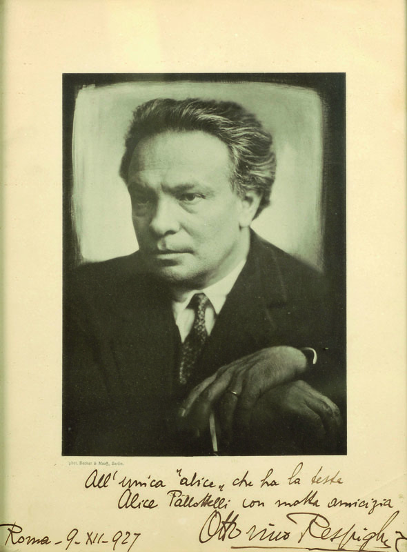 Autografi Respighi, Ottorino (1879-1936). Dedica autografa firmata dell’autore di Pini di Roma su