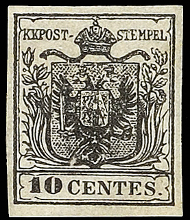 Lombardo Veneto I emissione - Carta a mano 1850 10 c. nero carbone - Certificati Colla