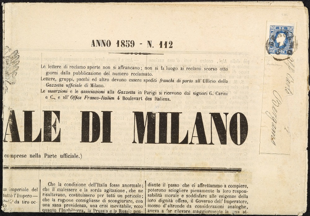 Lombardo Veneto Francobolli per giornali 1858 Effigie a sinistra (1,05 s.) azzurro su "Gazzetta