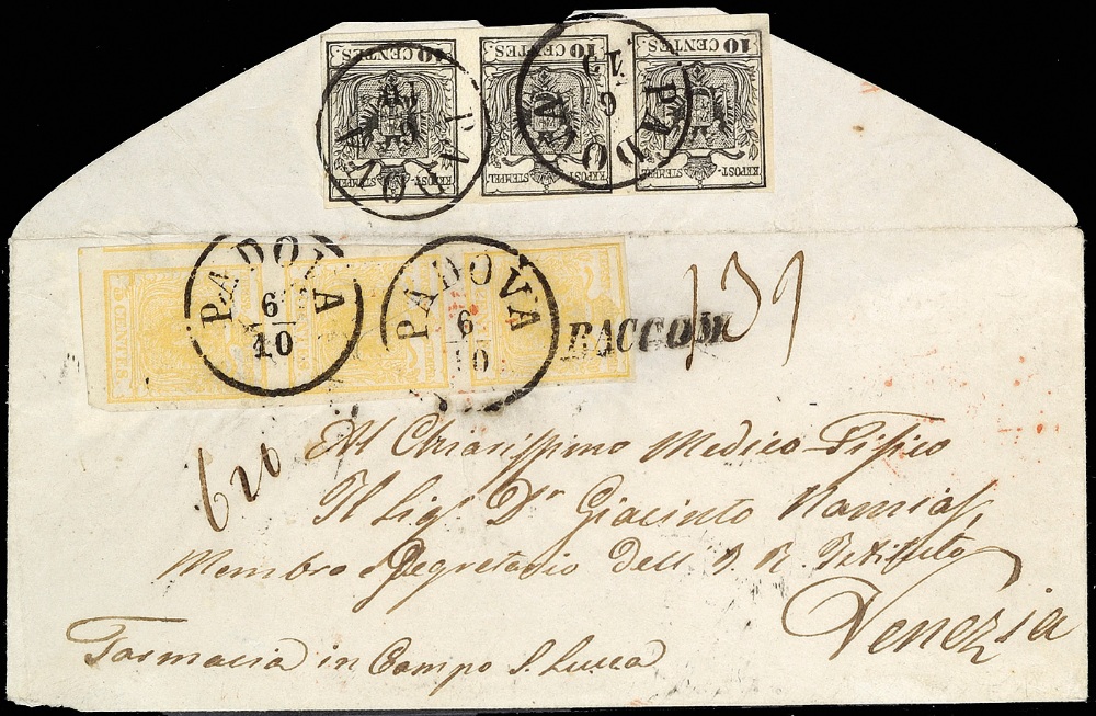 Lombardo Veneto I emissione - Carta a mano 1850 5 c. giallo ocra striscia verticale di tre al