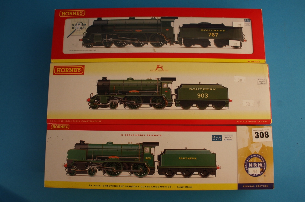 Three boxed `00` gauge Hornby locomotives `Charterhouse`, `Sir Valence` and `School Class