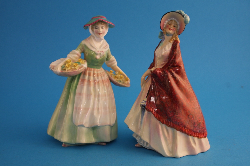 Two Royal Doulton figures "Daffy Down Dilly" HN1712; and "Paisley Shawl" HN1987. (2)