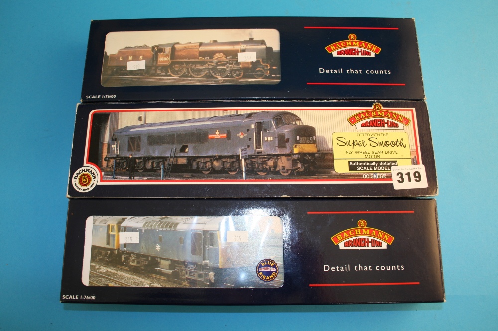 Three boxed Bachmann `00` gauge locomotives `The Lancer`, `Class 25/3` and `Class 46 1 Co-Co1 Peak`.