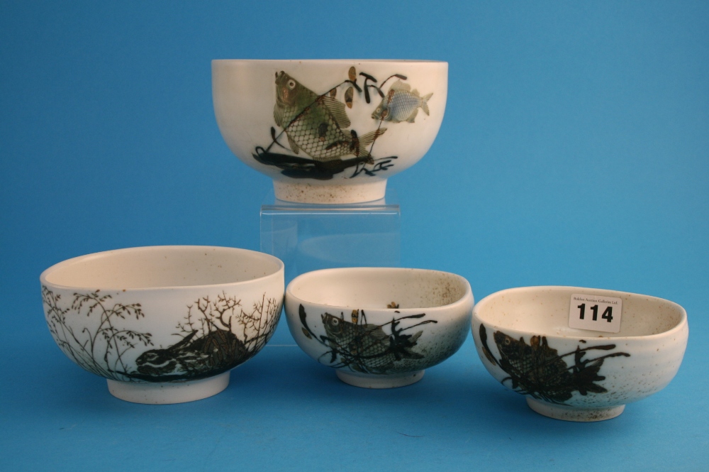 A set of three Royal Copenhagen bowls decorated with fish, printed marks, numbered 1053/5114, 1053/