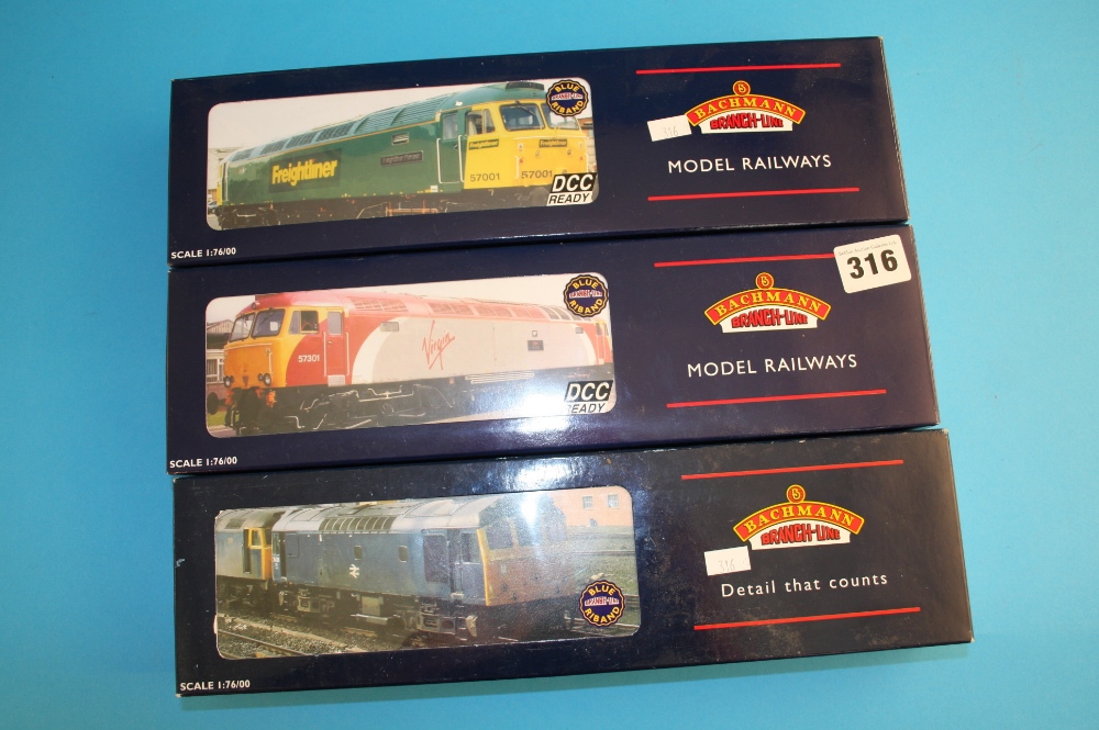 Three boxed Bachmann `00` gauge locomotives `Lady Penelope`, `Diesel 57011 Freightliner