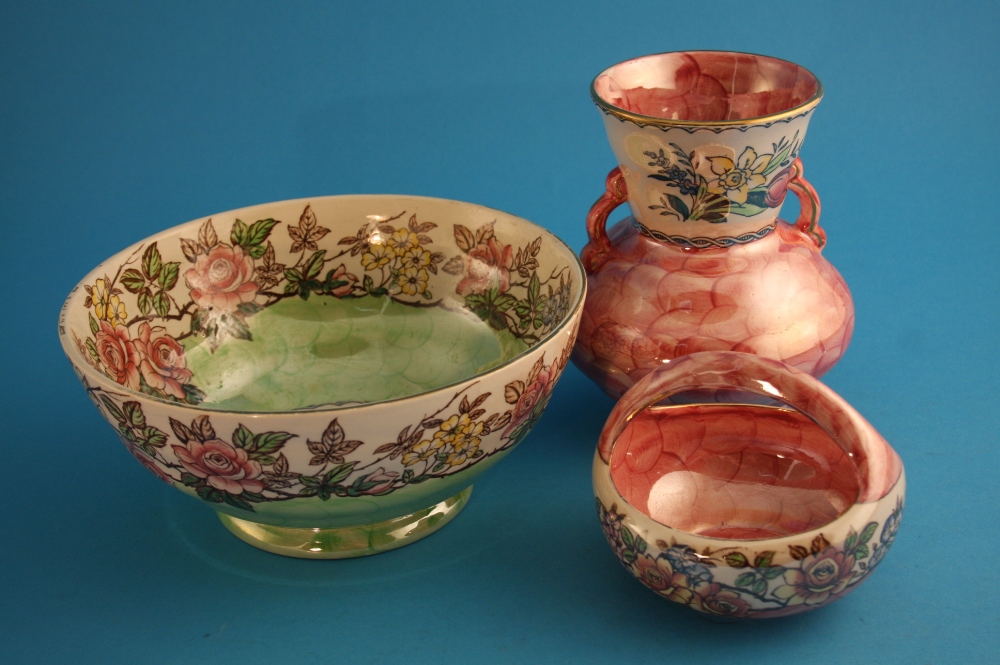 A Maling "Rosine" pattern bowl, printed mark, 71 cm diameter; a "Springtime" vase number 6525; and a