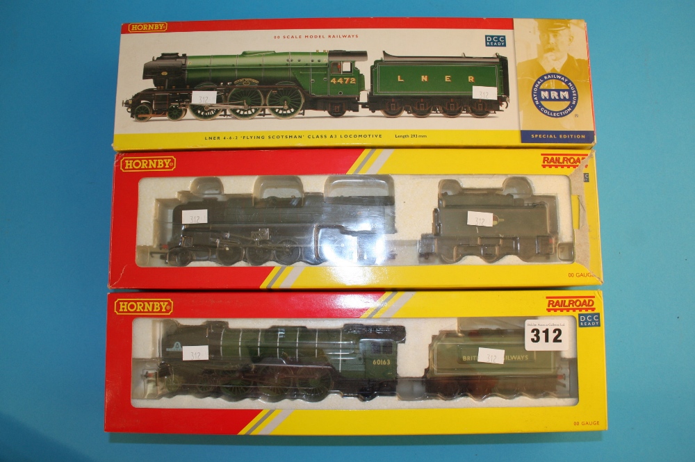 Three boxed `00` gauge Hornby locomotives `Tornado`, `Evening Star` and `Flying Scotsman`. (3)