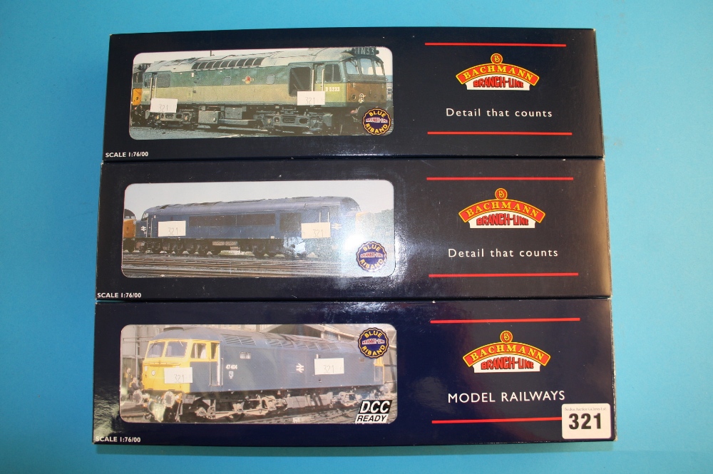 Three boxed Bachmann `00` gauge locomotives `Class 47`, `Class 25/2` and `Peny Ghent`. (3)