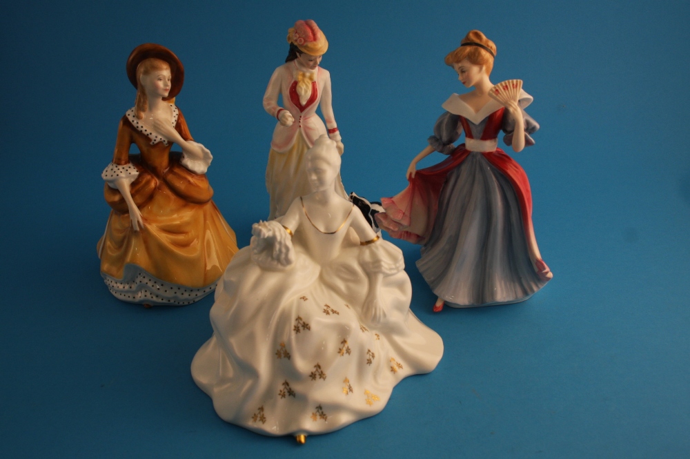 Four Royal Doulton figures: "Antoinette" HN2326; "Sandra" HN2275; "Sarah" HN3857; and "Amy" HN3316.