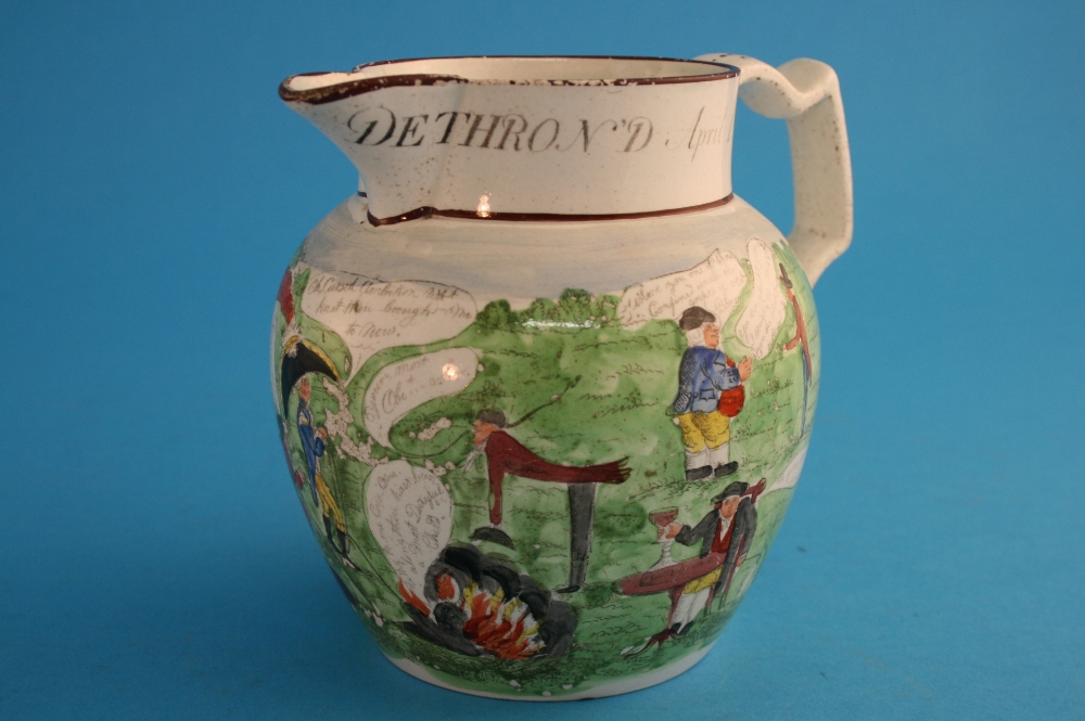 An early 19th century Swansea Cambrian earthenware pottery jug titled "Bonaparte Dethron`d April 1st