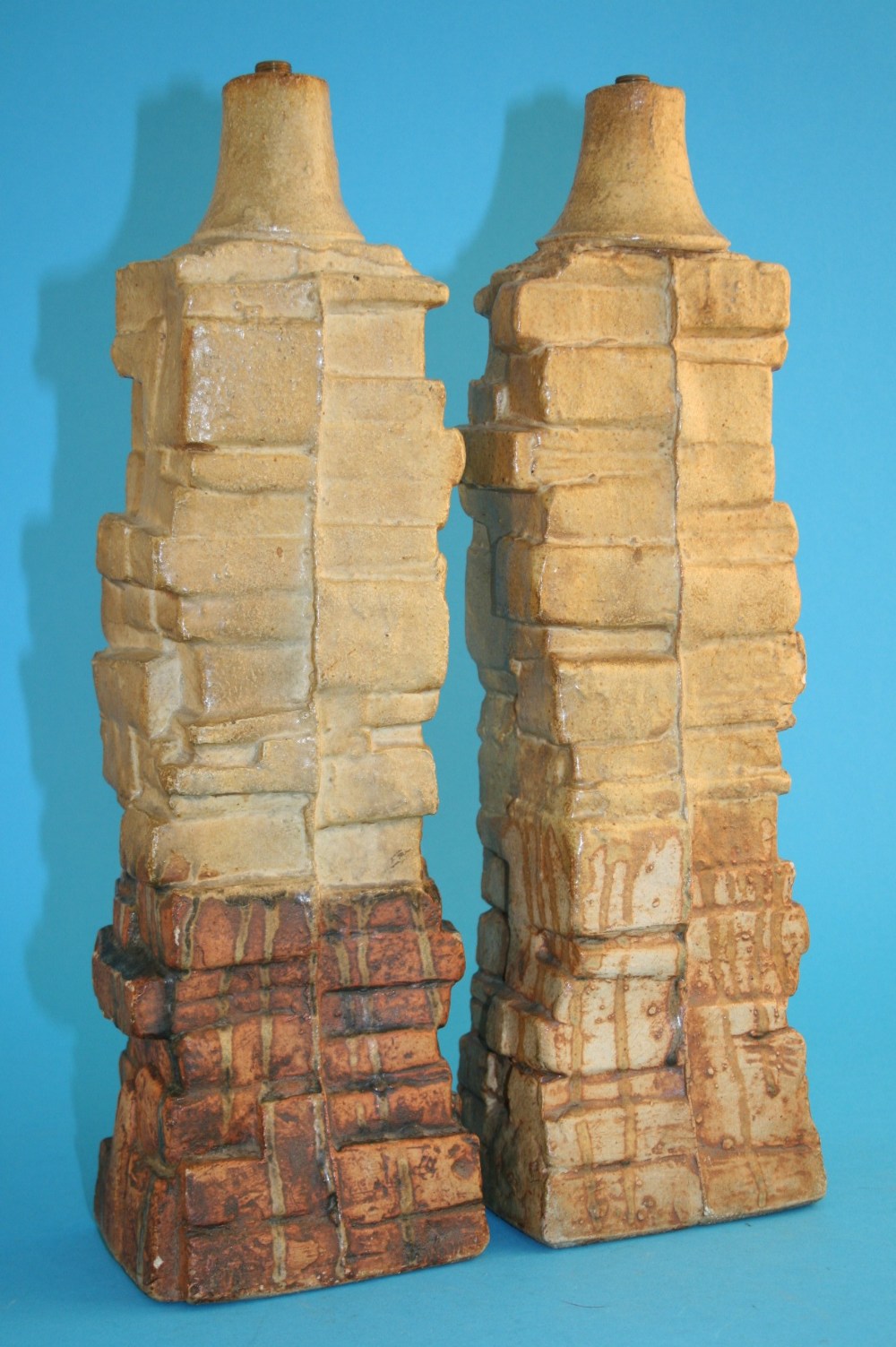 Two Bernard Rooke stoneware table lamp bases of brick work wall design, impressed mark. 41 cm high