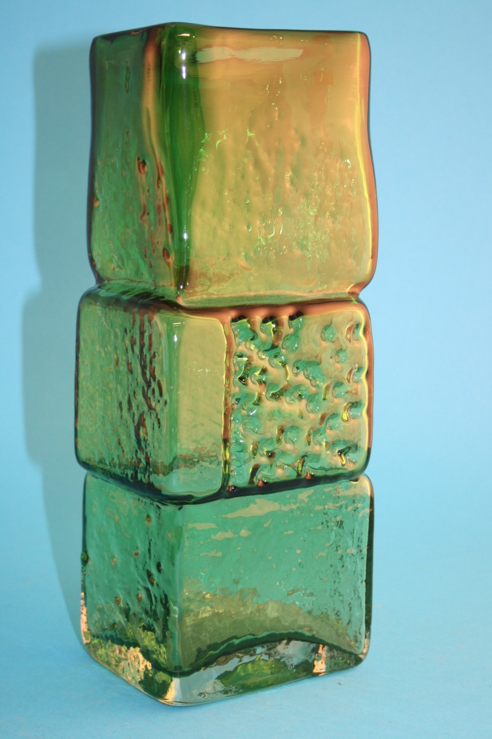 A large Whitefriars forest green drunken bricklayer vase designed by Geoffrey Baxter. 33 cm high