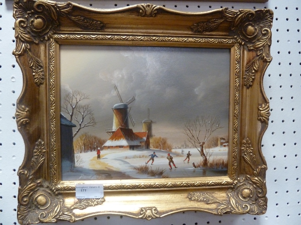 David Beatty (British, 20th century): Skaters in a winter landscape, oil on canvas, signed lower