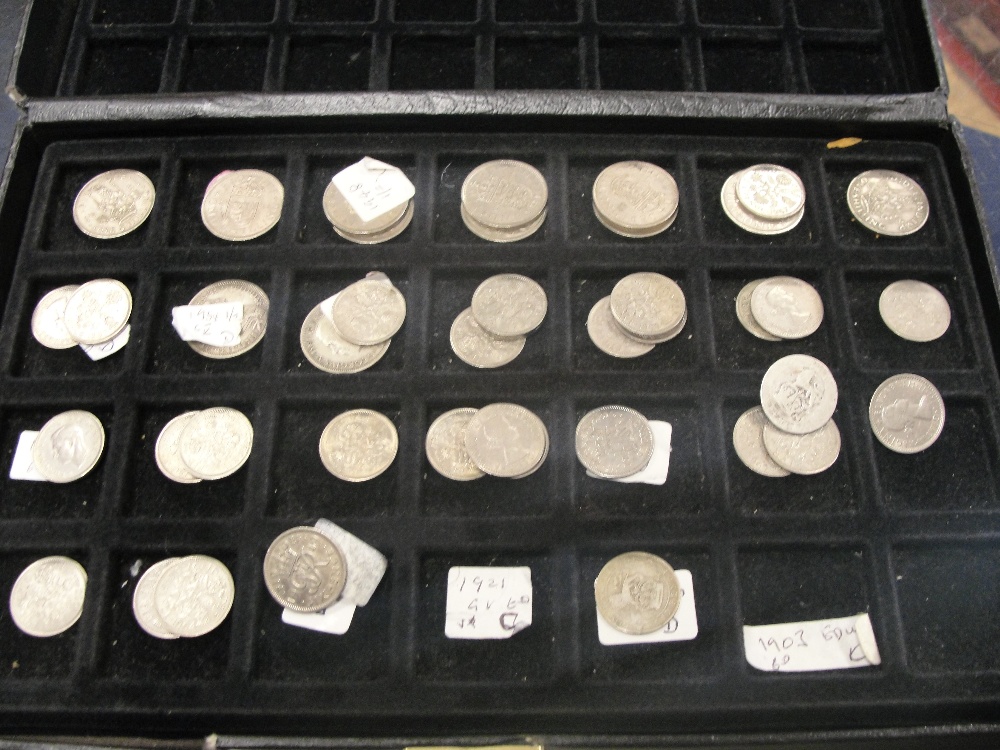 A collector's case of half-crowns, shillings, sixpences, threepenny pieces to inc pre-1947 examples