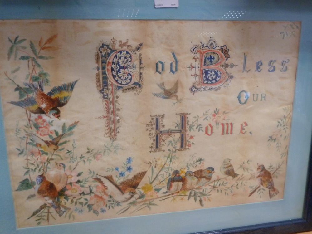 A decorative Victorian watercolour depicting birds and flowers with illuminated lettering 'God Bless