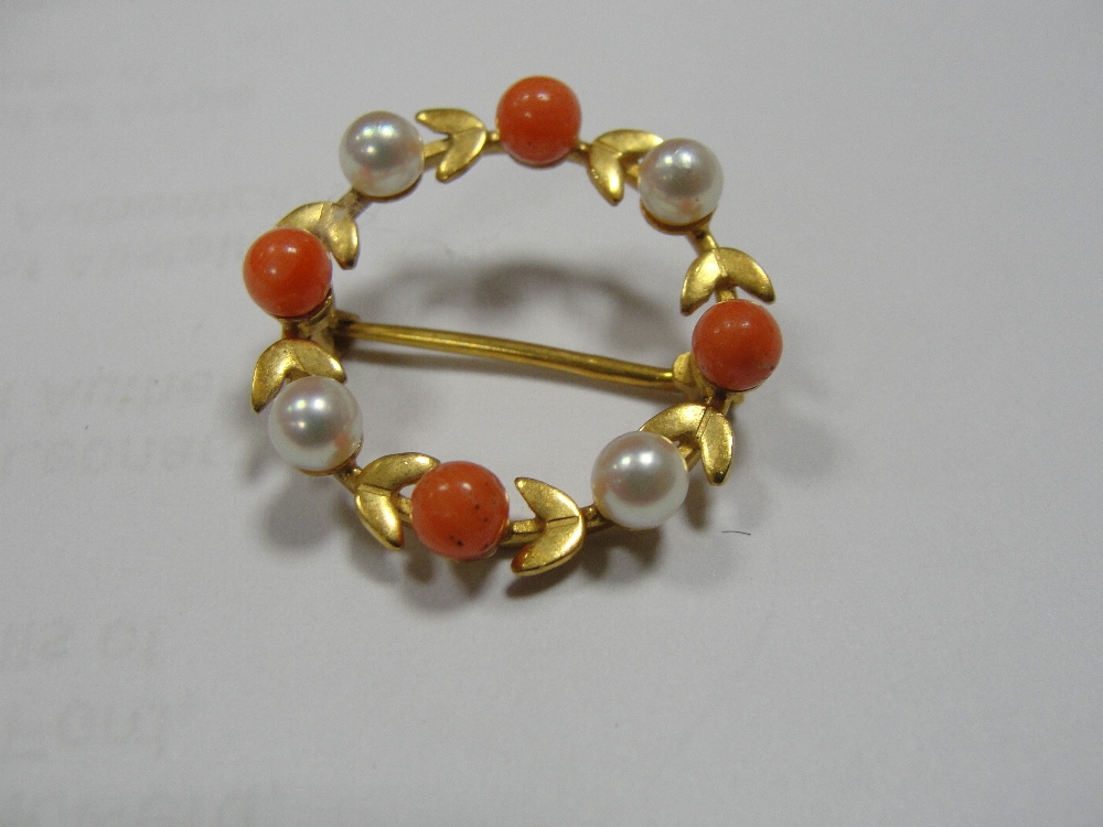 A 9ct gold pearl and coral brooch