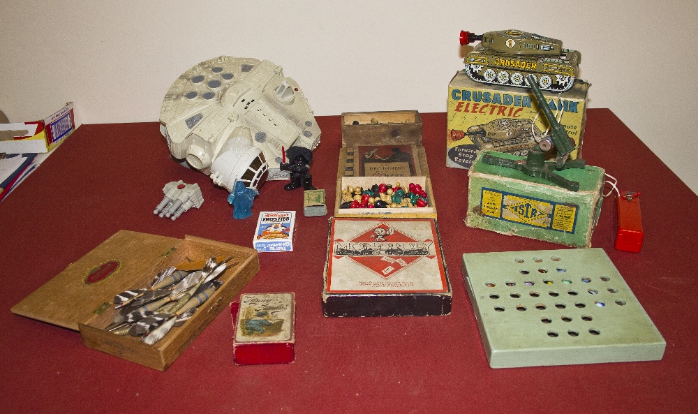 A Brimtoy battery operated crusader tank, Astra anti aircraft gun, star wars milleniunm falcon