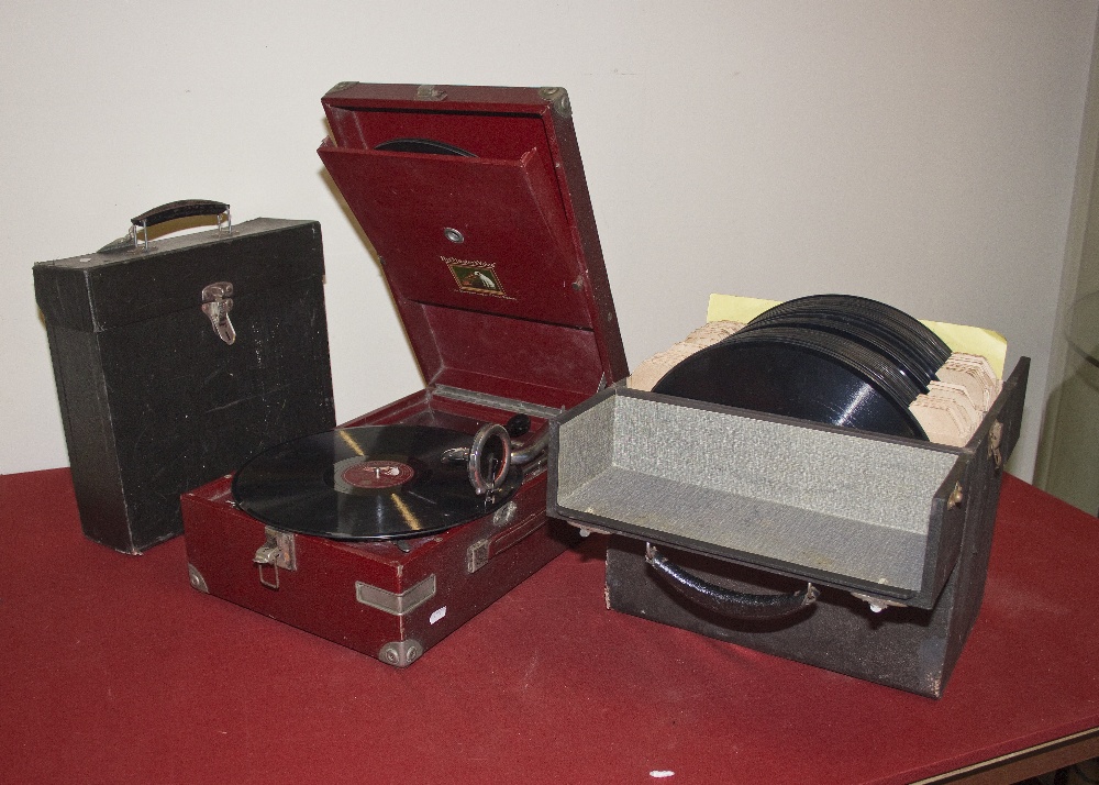 His Master`s Voice wind up gramophone together with two boxes of 78 records