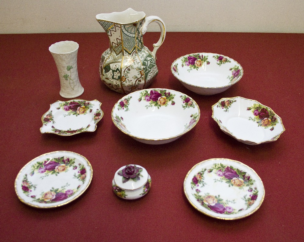 A Mason`s jug, Belleek vase and seven pieces of Old Country Roses china