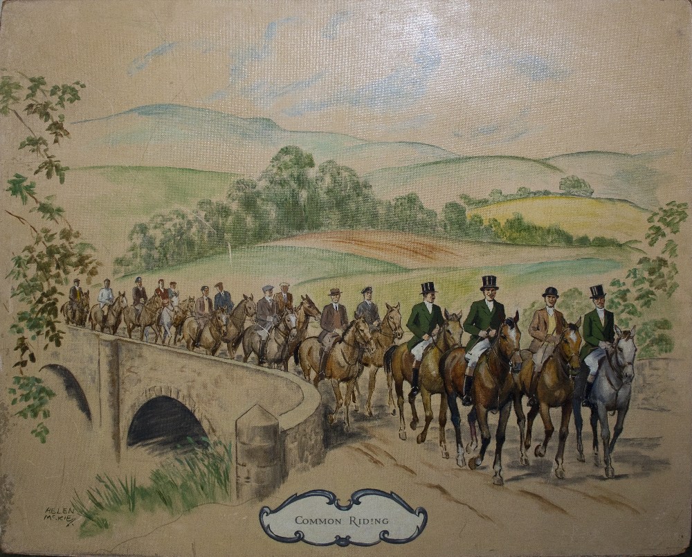 An unframed watercolour depicting a scene from Hawick Common Riding by Helen McKie. Image size