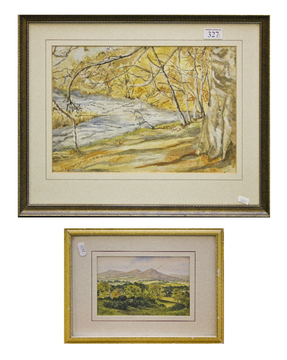 A framed watercolour of a river scene together with a small framed print of Eildon hills