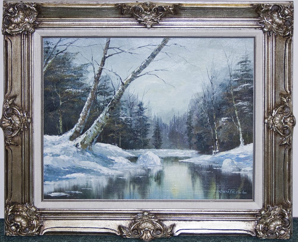 A gilt framed oil on canvas depicting a winter scene signed Cantrell, image size 50cm x 60cm