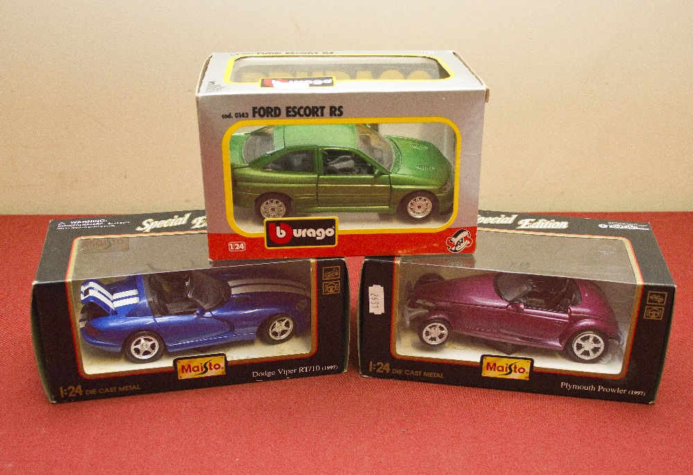 Three 1:24 die cast models, Burago and Maisto