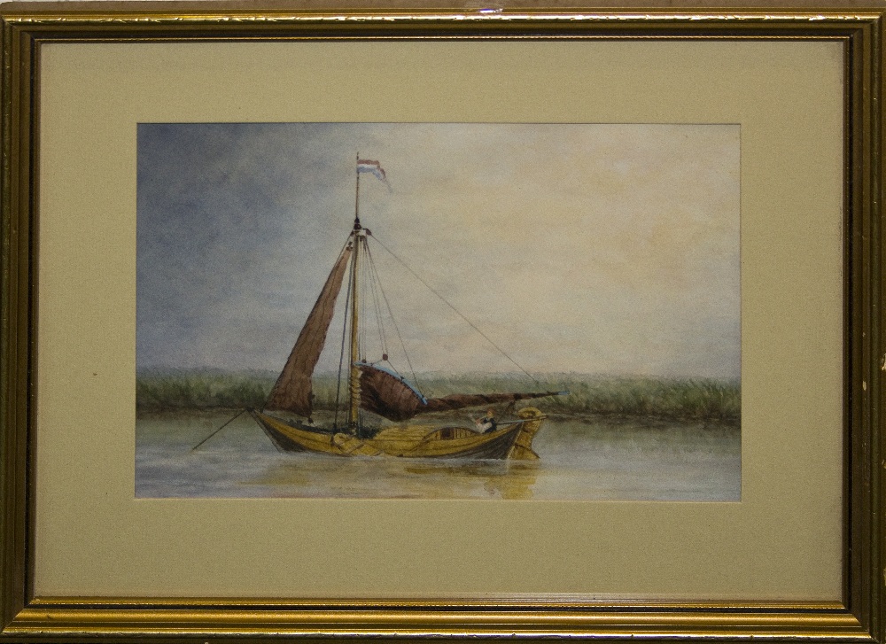 A framed watercolour depicting a sailing boat, signed E Watt 1913, image size 20cm x 28cm