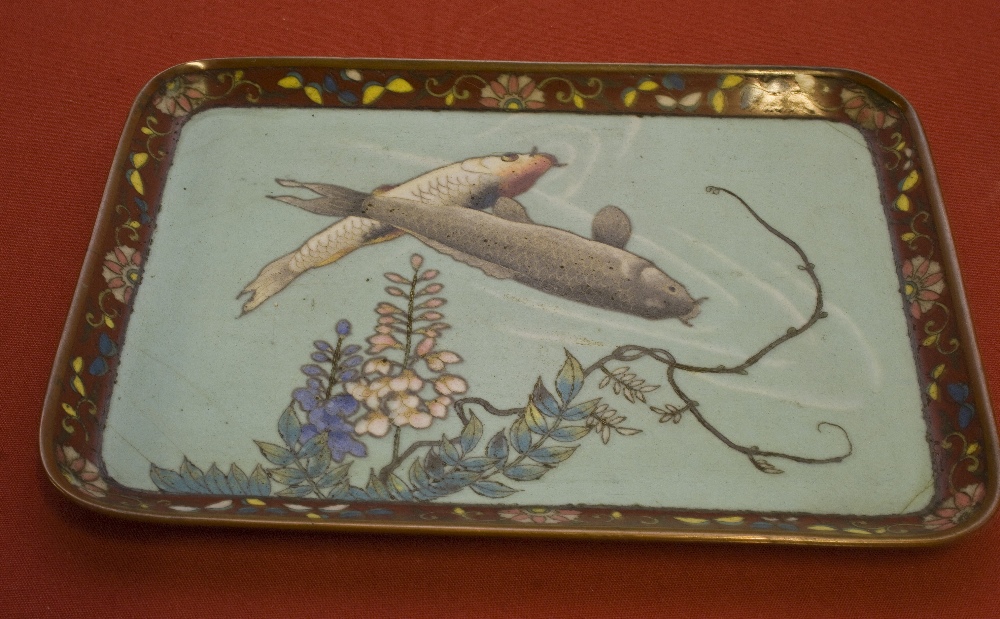 Cloisonne tray depicting carp