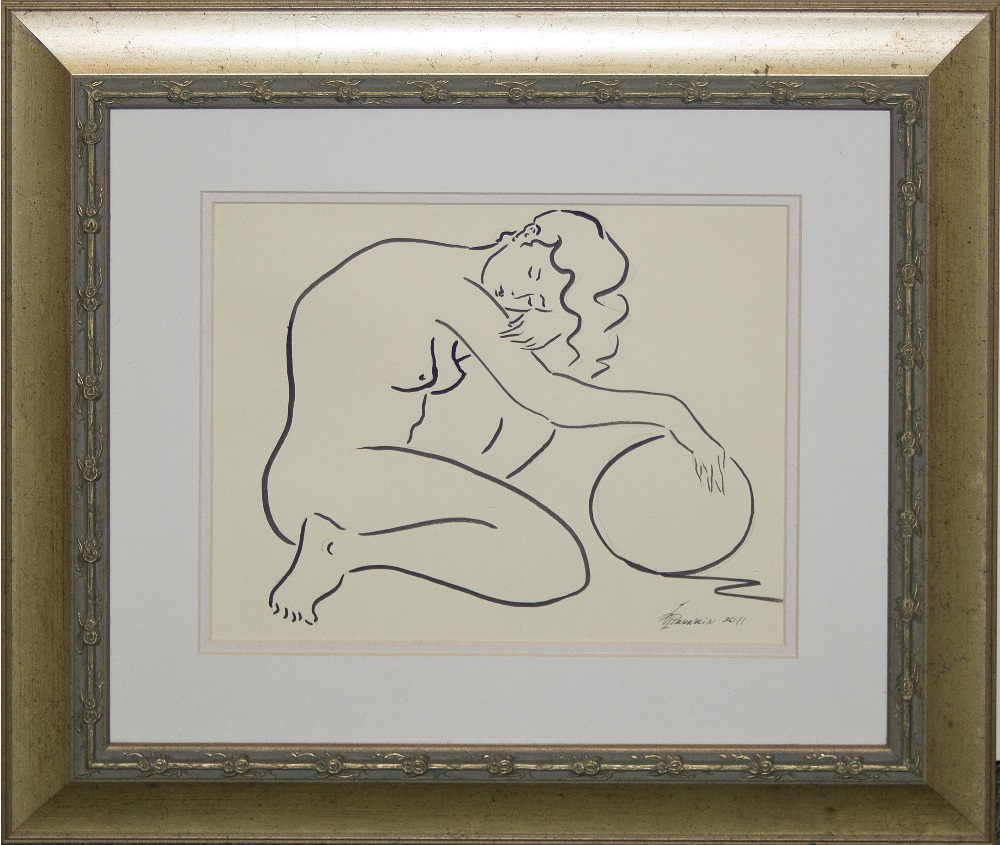 A framed original ink drawing of a nude signed Pronkin 2011, image size 20cm x 24.5cm