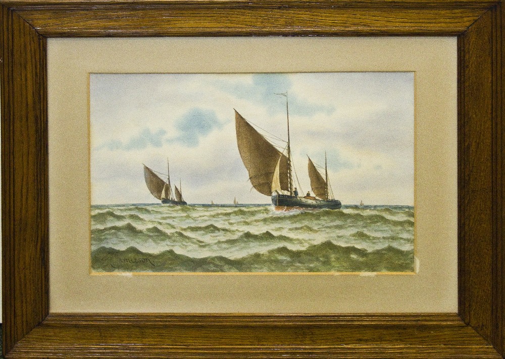 A framed watercolour depicting a seascape with fishing boats, signed F E Jamieson, image size 25cm x