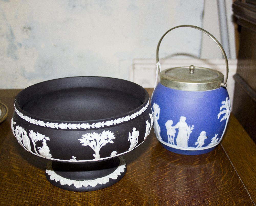 Wedgwood jasper biscuit barrel together with a Basalt Wedgwood bowl