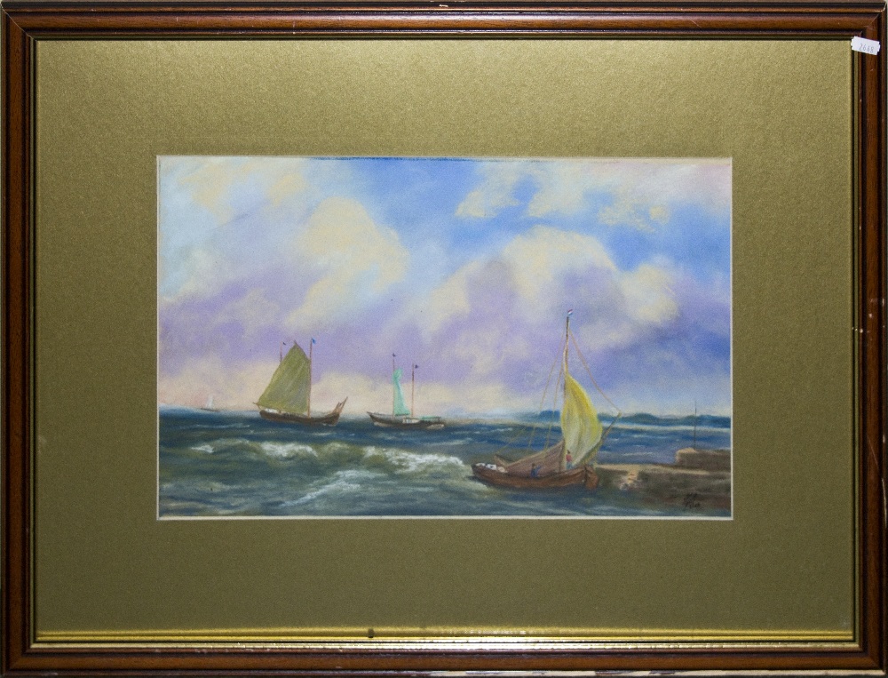 A framed watercolour depicting a sea scape. Image size 29cm x 48cm